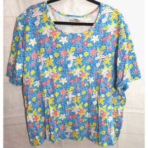 Cozee Corner Cotton Shirt Plus Size 3X XXX Blue Floral Tropical Short Sleeve Top